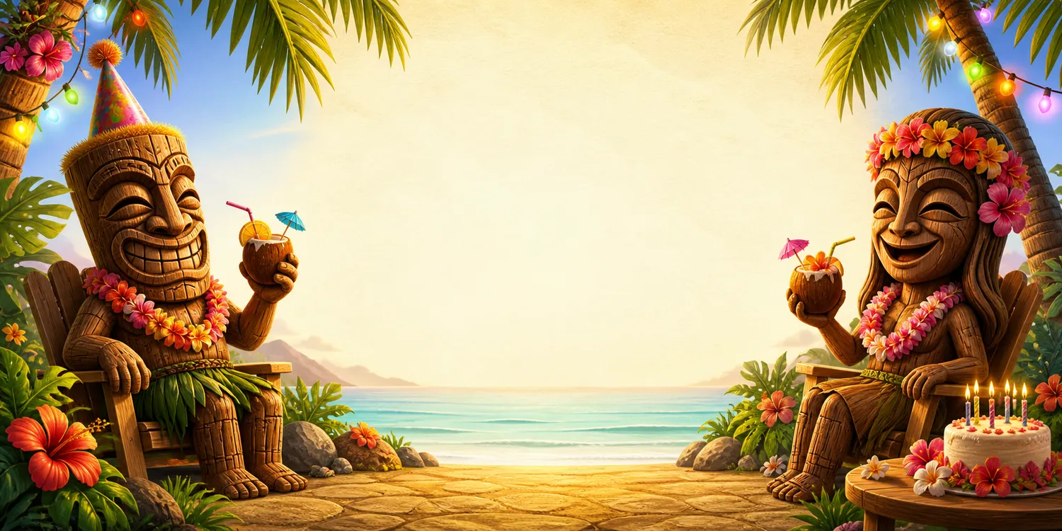 Tiki-themed birthday celebration illustration
